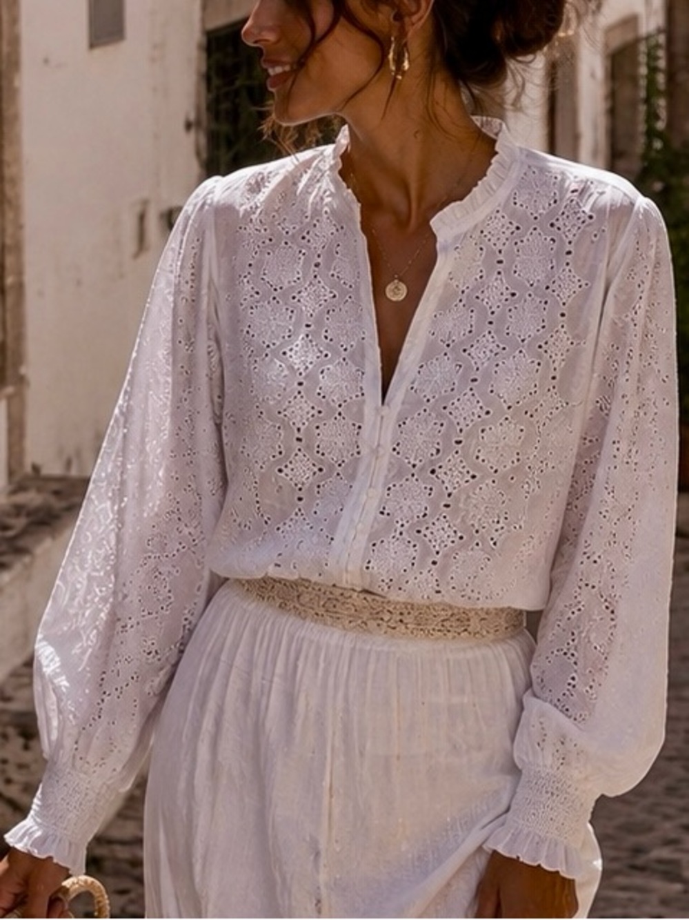 Gibson & Latimer White Cotton Eyelet Embroidered Blouse Romantic Boho Size:XL